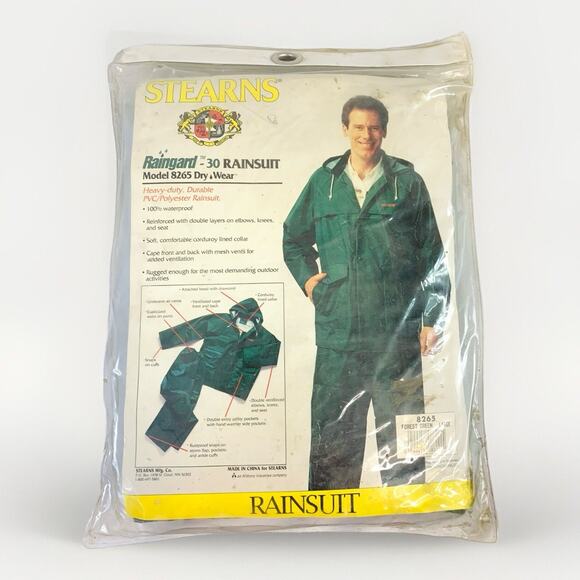 Stearns 2-Piece Rainsuit Green 100% PVC 100% Waterproof Dry Wear Men's Large - Picture 1 of 3